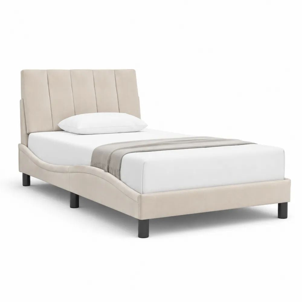 Lit double rembourré en similicuir beige avec tête de lit, 151 x 205 x 112 cm, couchage 140 x 190 cm
