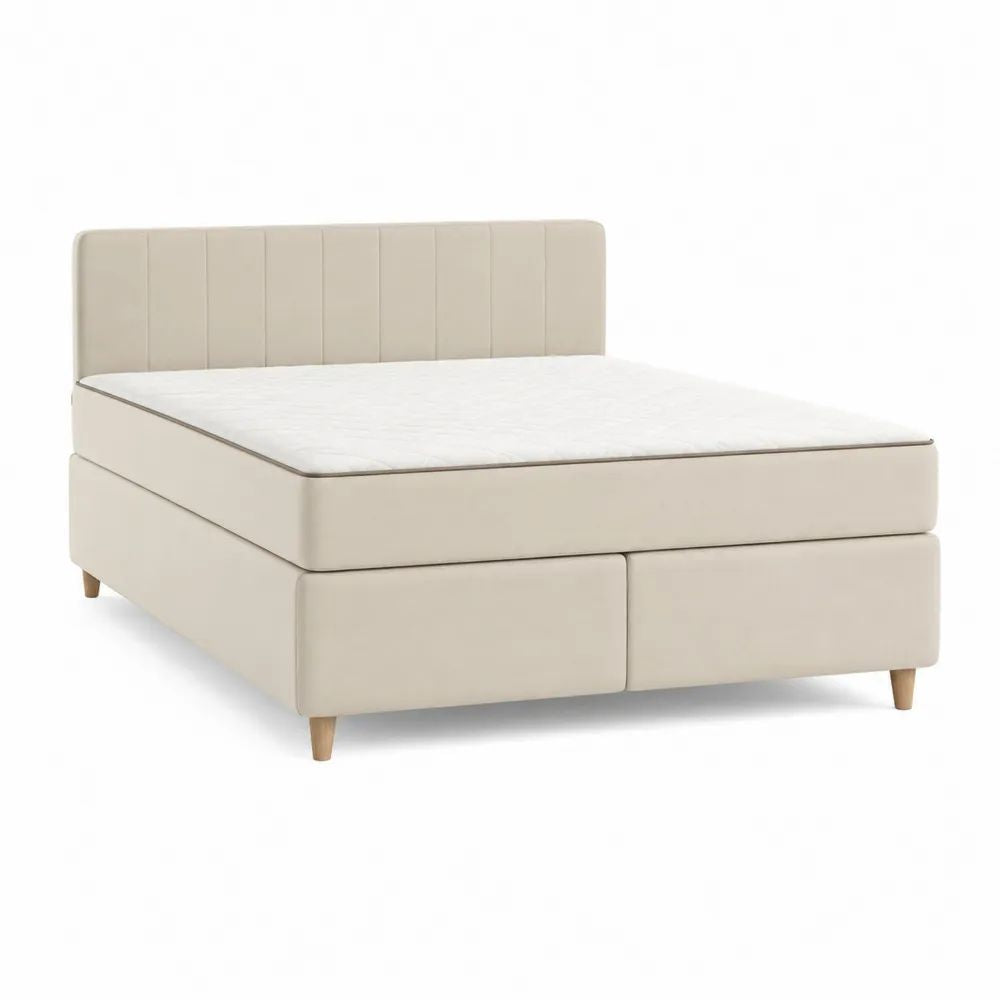 Lit boxspring continental double avec tête de lit, matelas et surmatelas en polyester beige clair, couchage 160 x 200 cm