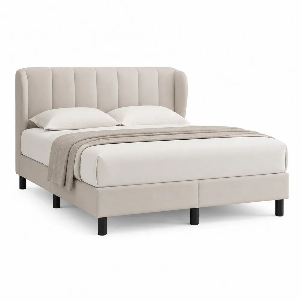 Lit double rembourré en tissu beige 160 x 200 cm avec sommier à lattes, tête de lit et pieds noirs
