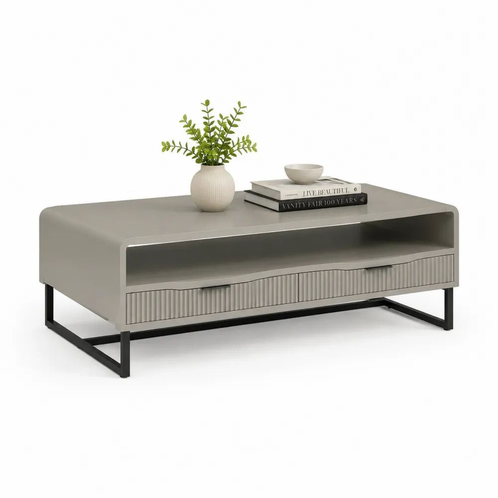 Table basse rectangulaire en bois et métal gris et noir avec niche ouverte et 2 tiroirs, 110 × 55 × 45 cm