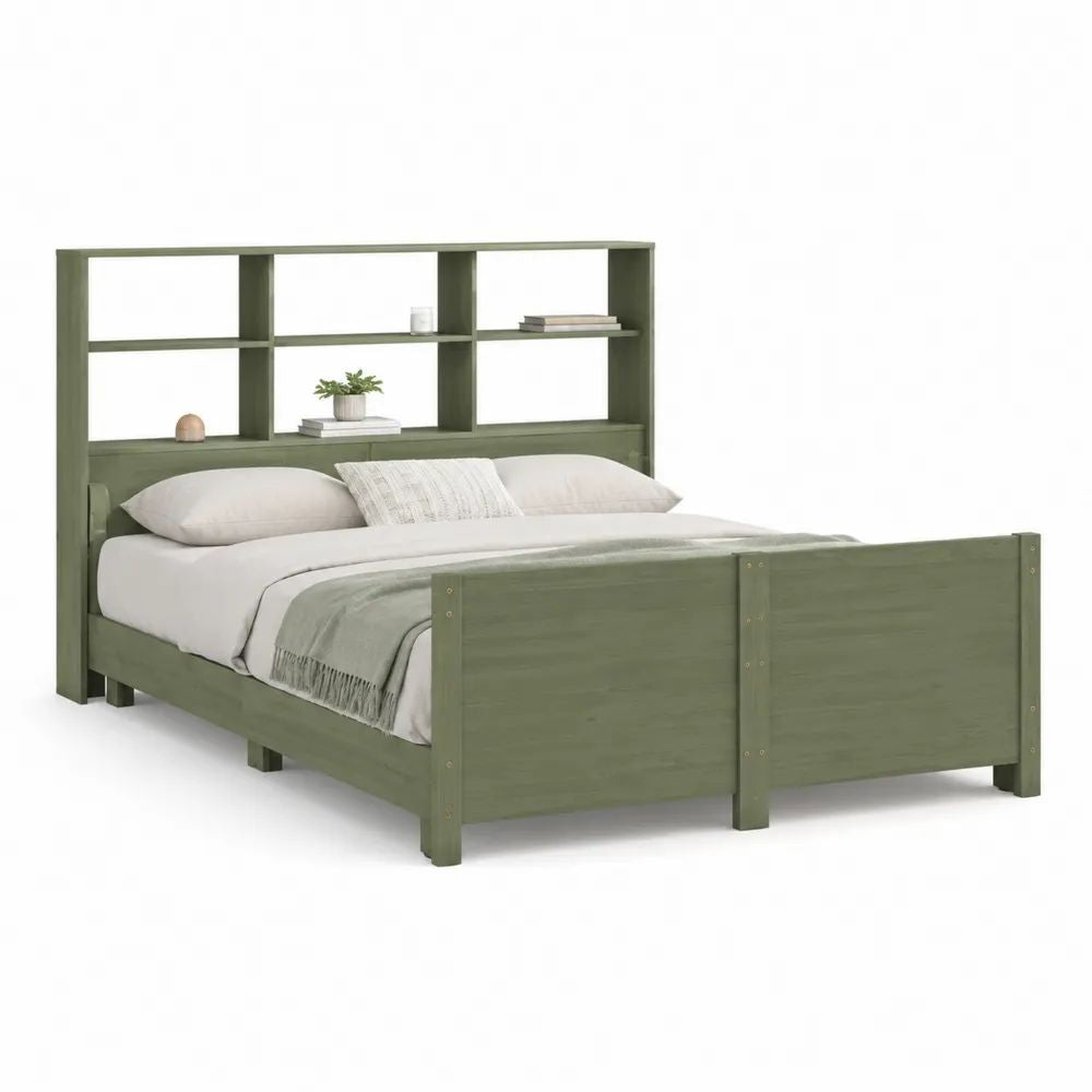 Lit double en bois et MDF vert olive avec tête de lit bibliothèque, couchage 160 x 200 cm, dimensions 218 x 169 x 150 cm