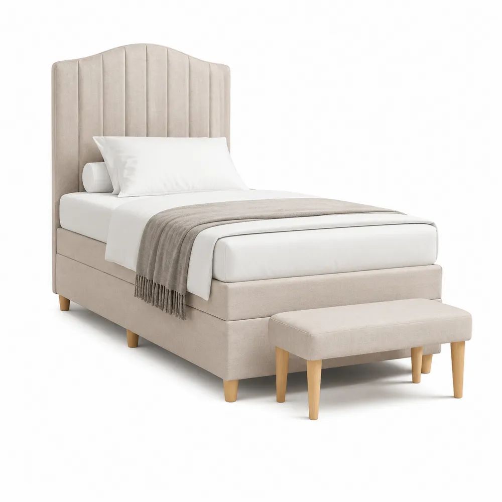 Lit simple rembourré 90 x 190 cm avec banc 90 x 35 x 42 cm en velours polyester beige et tête de lit cintrée