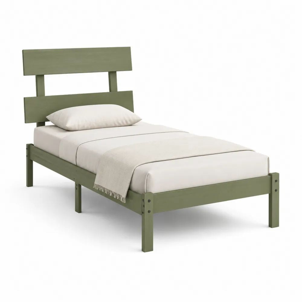 Lit simple en bois vert olive avec sommier à lattes, couchage 90 × 190 cm, dimensions 198 × 96 × 110 cm