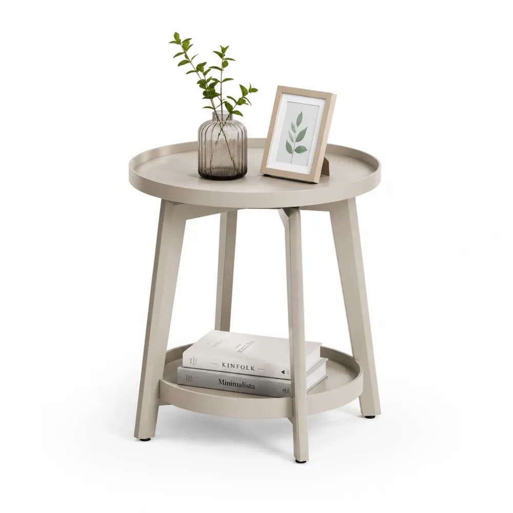 Table d’appoint ronde en acier beige à deux plateaux, 45 × 45 × 60 cm