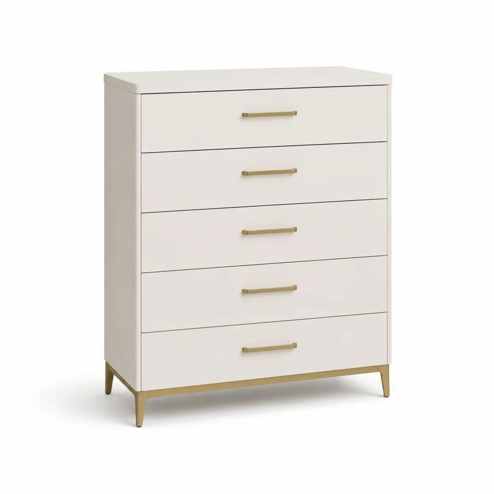Commode rectangulaire en MDF à 5 tiroirs, blanc cassé et doré, 76 × 40 × 105 cm