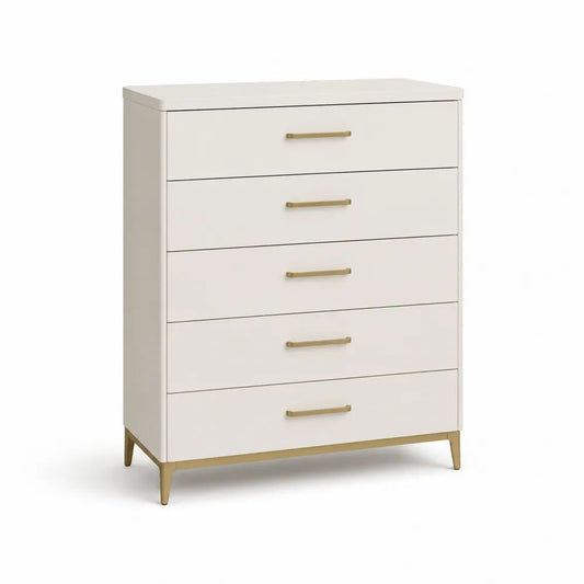 Commode rectangulaire en MDF à 5 tiroirs, blanc cassé et doré, 76 × 40 × 105 cm