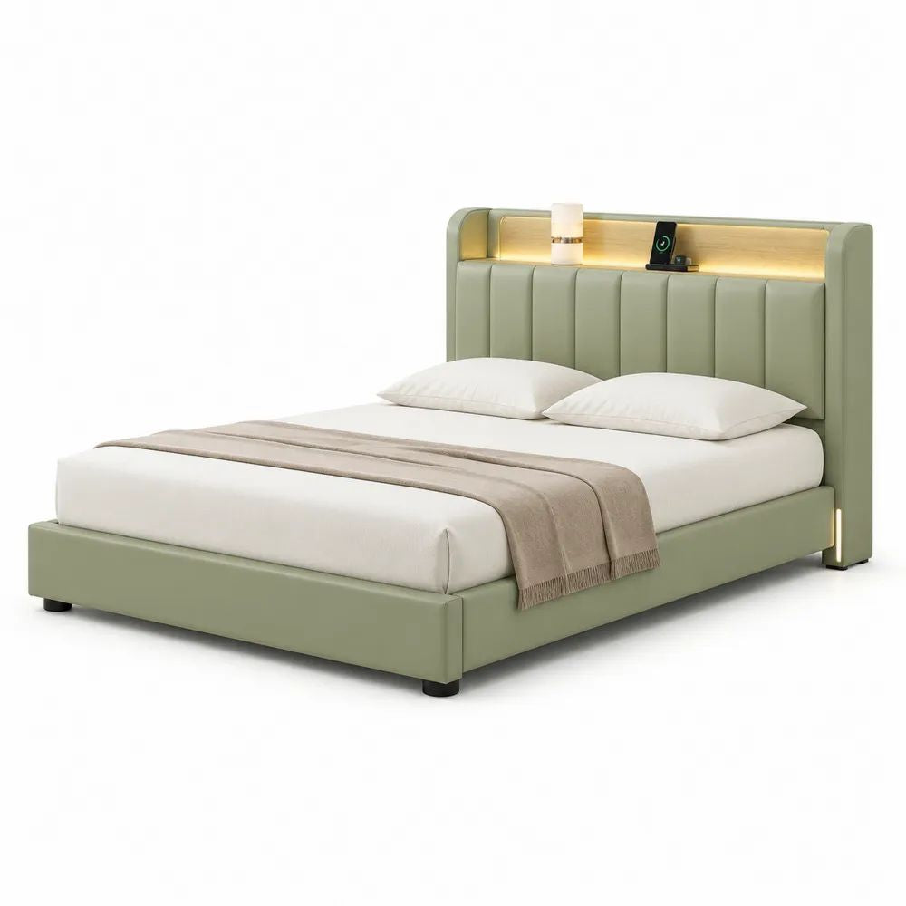 Lit double 160 × 200 cm, 216 × 174 × 118 cm, tête de lit LED avec recharge sans fil, revêtement en similicuir vert sauge