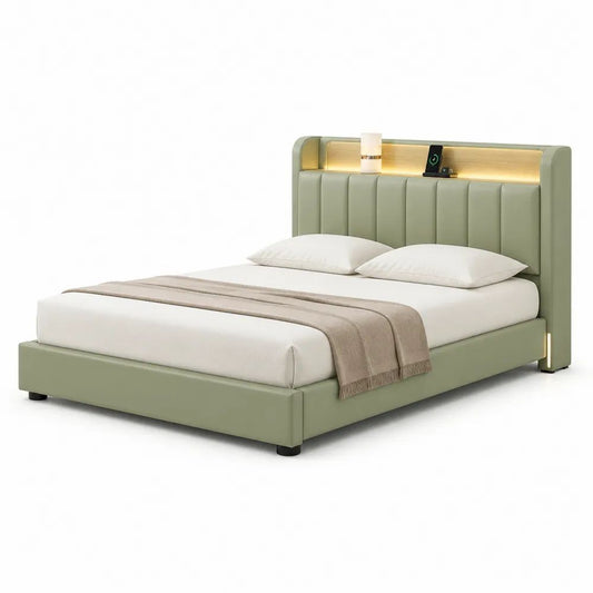 Lit double 160 × 200 cm, 216 × 174 × 118 cm, tête de lit LED avec recharge sans fil, revêtement en similicuir vert sauge
