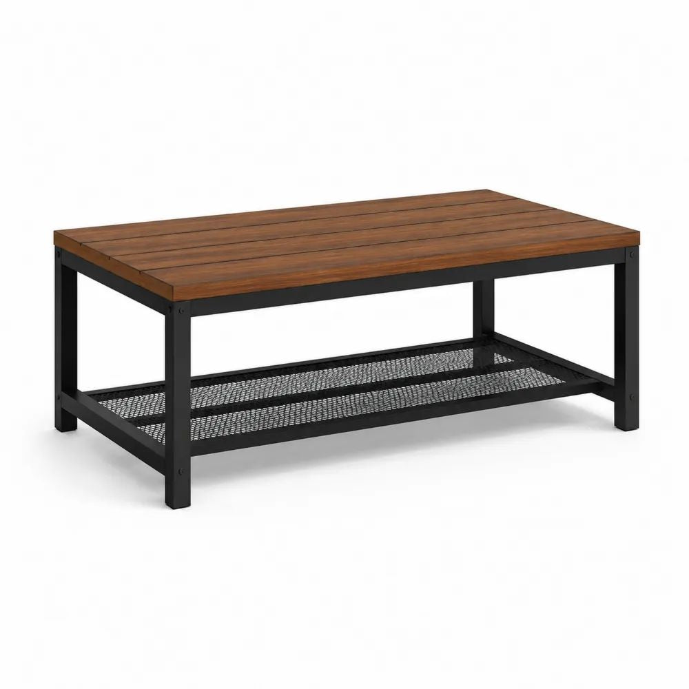 Table basse rectangulaire avec rangement, plateau effet noyer et structure en acier noir, 100 × 50 × 45 cm