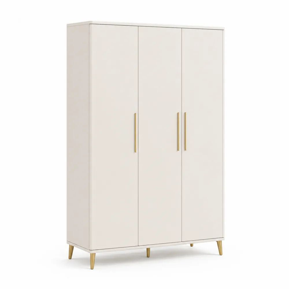 Armoire rectangulaire 3 portes en bois et métal, blanc cassé et doré, 120 × 50 × 190 cm