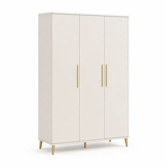 Armoire rectangulaire 3 portes en bois et métal, blanc cassé et doré, 120 × 50 × 190 cm
