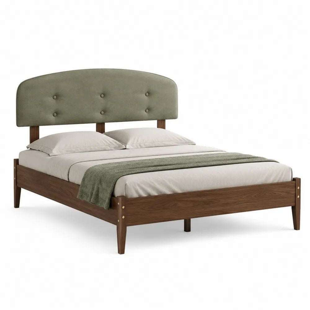 Lit double 140 x 190 cm en bois brun noyer avec tête de lit rembourrée vert olive, 204 x 149 x 110 cm