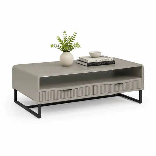 Table basse rectangulaire en bois et métal gris et noir avec niche ouverte et 2 tiroirs, 110 × 55 × 45 cm
