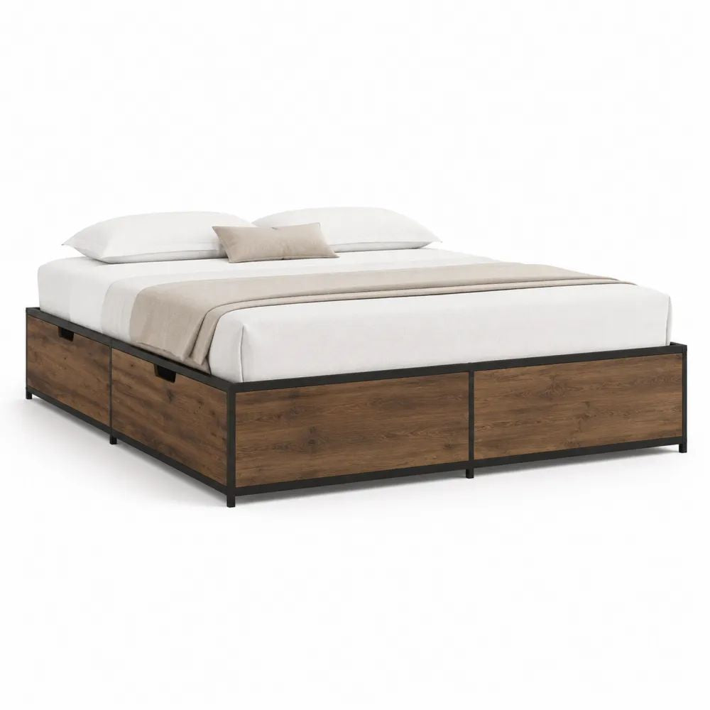 Lit double 160 x 200 cm avec sommier en acier et 4 tiroirs, panneaux de particules brun rustique et structure noire