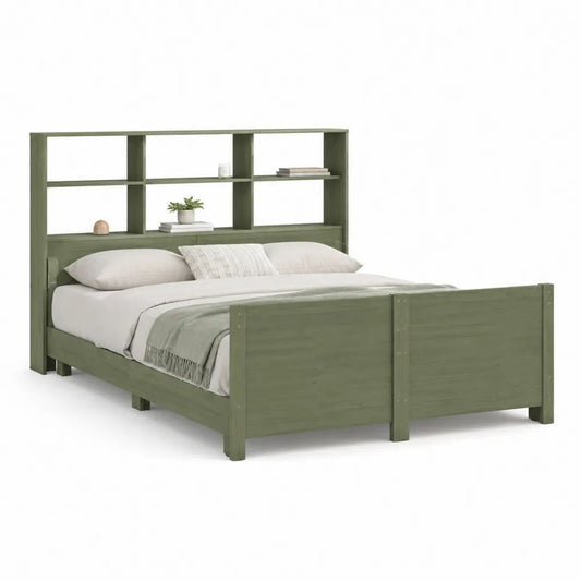 Lit double en bois et MDF vert olive avec tête de lit bibliothèque, couchage 160 x 200 cm, dimensions 218 x 169 x 150 cm