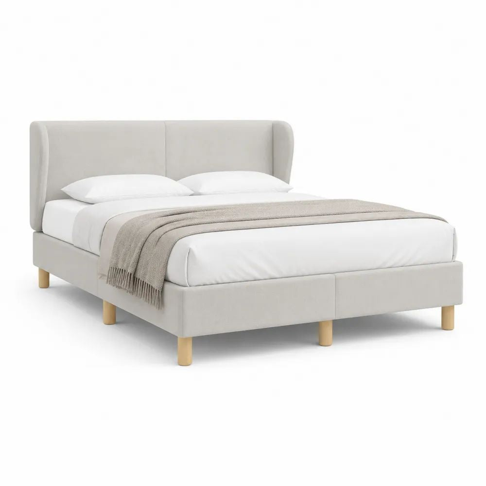 Lit double rembourré 160 × 200 cm en polyester beige clair avec tête de lit et sommier à lattes