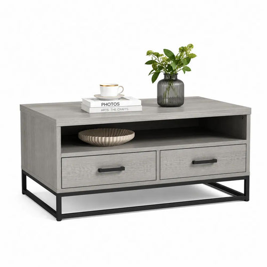 Table basse rectangulaire en bois et métal, chêne gris et noir, 2 tiroirs et niche ouverte, 100 × 55 × 50 cm