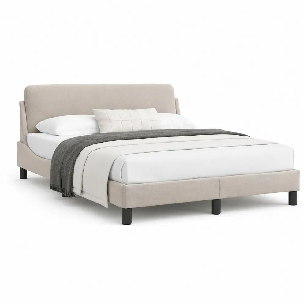 Lit double 160 x 200 cm en polyester beige et noir avec tête de lit rembourrée et sommier à lattes, 218 x 172 x 105 cm