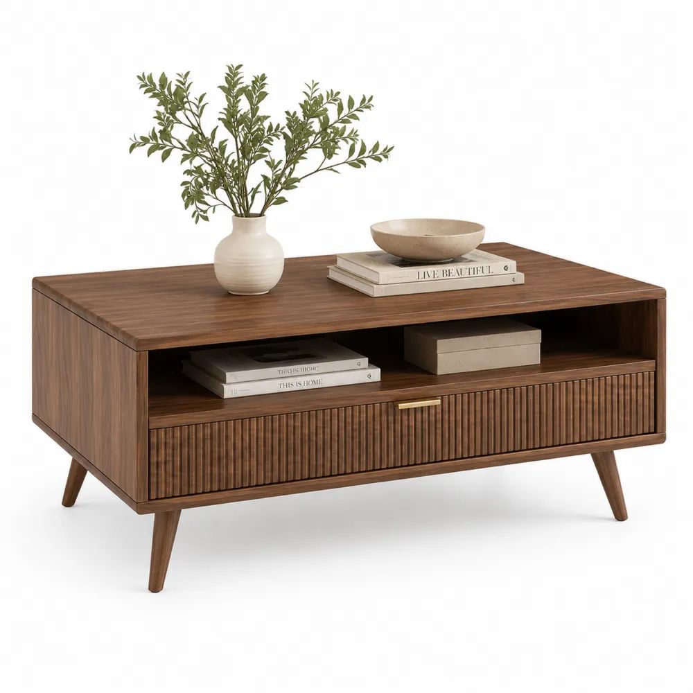 Table basse rectangulaire en MDF plaqué noyer brun avec niche ouverte et tiroir, 100 × 55 × 45 cm