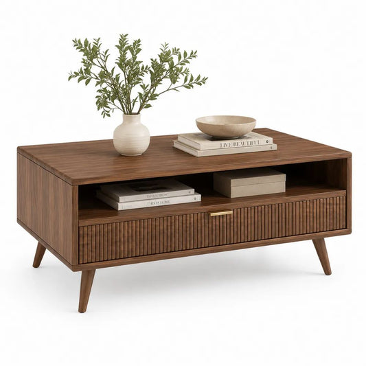 Table basse rectangulaire en MDF plaqué noyer brun avec niche ouverte et tiroir, 100 × 55 × 45 cm