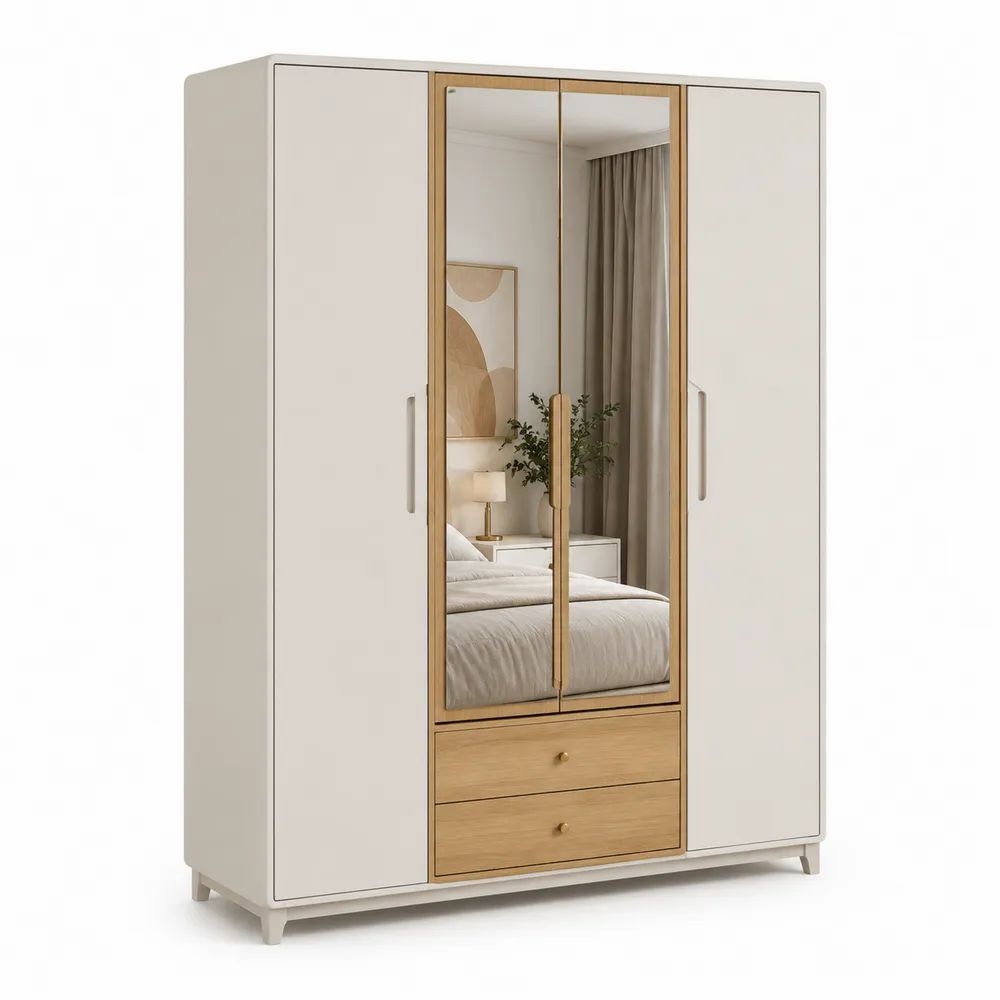 Armoire rectangulaire en bois à 4 portes avec 2 miroirs et 2 tiroirs, blanc cassé et chêne clair, 160 x 55 x 205 cm