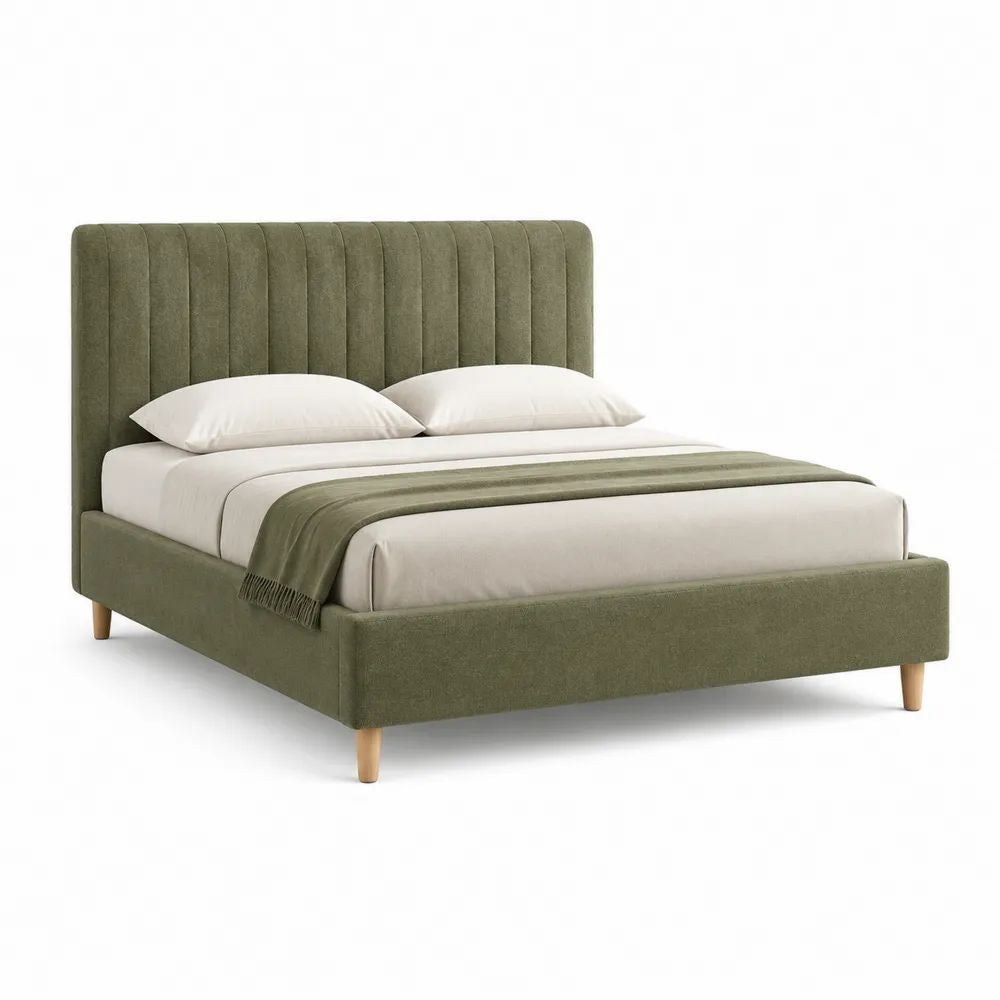 Lit double rembourré 160 × 200 cm en tissu vert olive avec tête de lit à panneaux verticaux