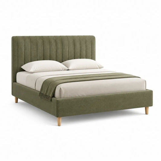 Lit double rembourré 160 × 200 cm en tissu vert olive avec tête de lit à panneaux verticaux