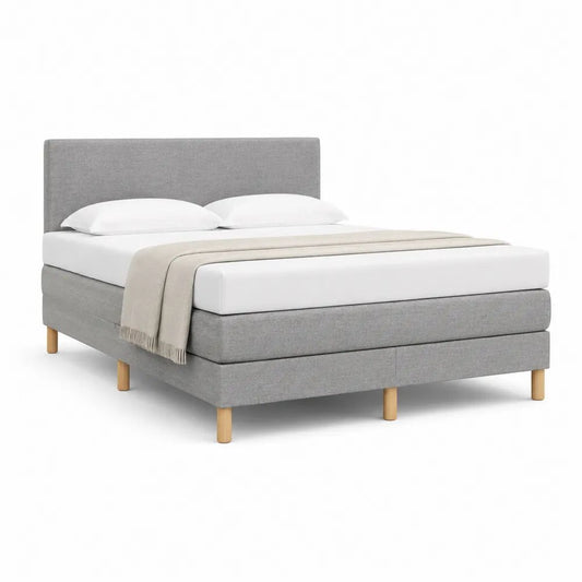 Ensemble lit continental double en tissu gris clair avec tête de lit, matelas et surmatelas, couchage 160 × 200 cm, dimensions 168 × 210 × 110 cm
