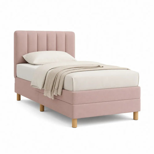 Lit simple rembourré en tissu rose poudré et bois naturel avec tête de lit à panneaux, couchage 90 x 190 cm, dimensions 202 x 102 x 110 cm