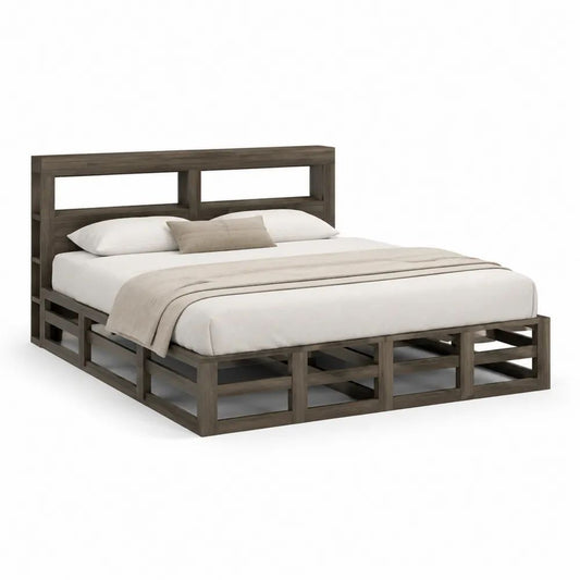 Lit plateforme 2 places en bois massif brun foncé avec rangements ouverts, couchage 160 × 200 cm