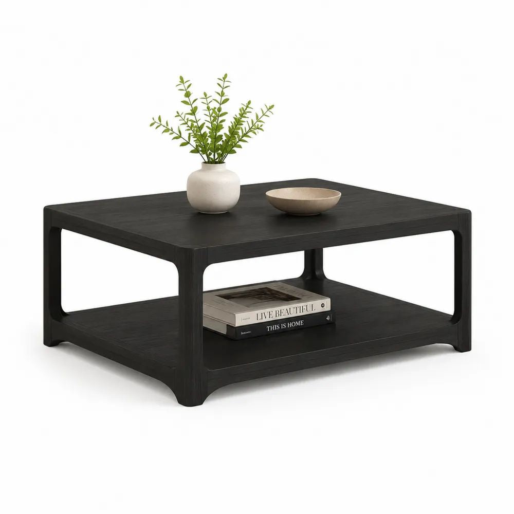 Table basse carrée en bois avec étagère, noir, 90 x 90 x 45 cm