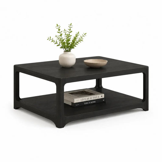 Table basse carrée en bois avec étagère, noir, 90 x 90 x 45 cm