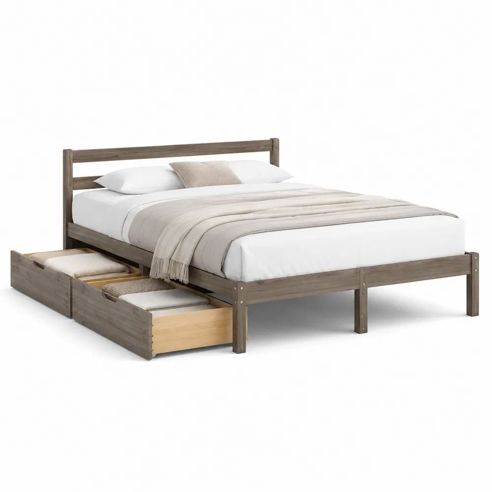 Lit double avec 2 tiroirs en pin massif gris brun, couchage 160 × 200 cm, dimensions 208 × 168 × 90 cm