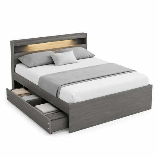 Lit double avec rangement, tête de lit à éclairage LED et 2 tiroirs, panneaux de particules gris anthracite, couchage 160 x 200 cm, dimensions 218 x 168 x 105 cm