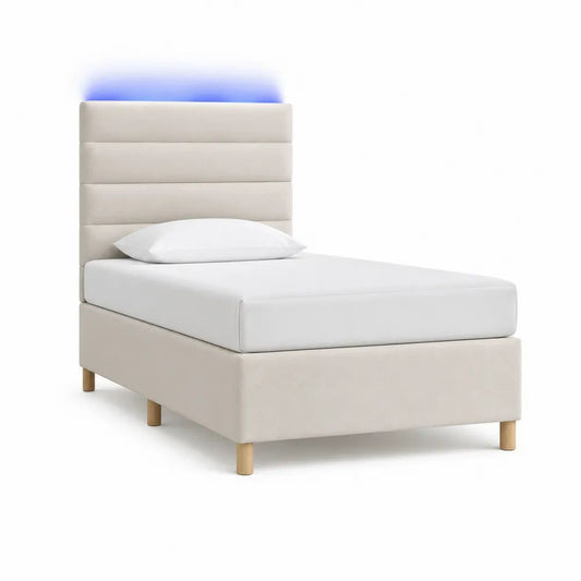 Lit simple 90 x 190 cm avec tête de lit LED rembourrée beige et pieds en bois massif