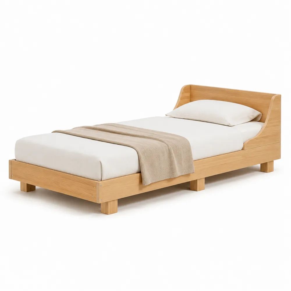 Cadre de lit simple en bois 90 × 190 cm avec tête de lit, finition chêne naturel, dimensions 202 × 99 × 80 cm