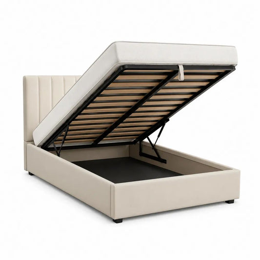 Lit coffre 2 places 140 x 190 cm en tissu beige avec sommier à lattes, mécanisme relevable et tête de lit rembourrée