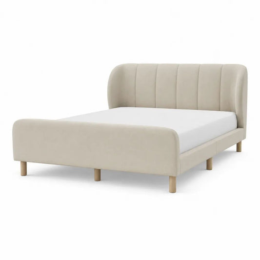 Lit double rembourré en velours polyester avec sommier à lattes et tête de lit arrondie, beige, couchage 160 × 200 cm, dimensions 174 × 221 × 104 cm