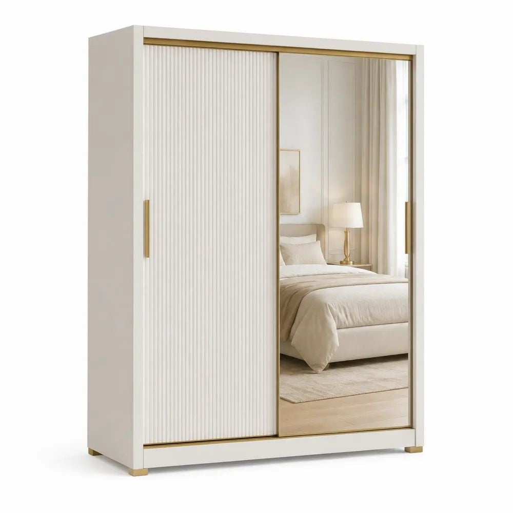 Armoire penderie rectangulaire à 2 portes coulissantes en bois avec miroir, blanc et doré, 150 × 60 × 210 cm