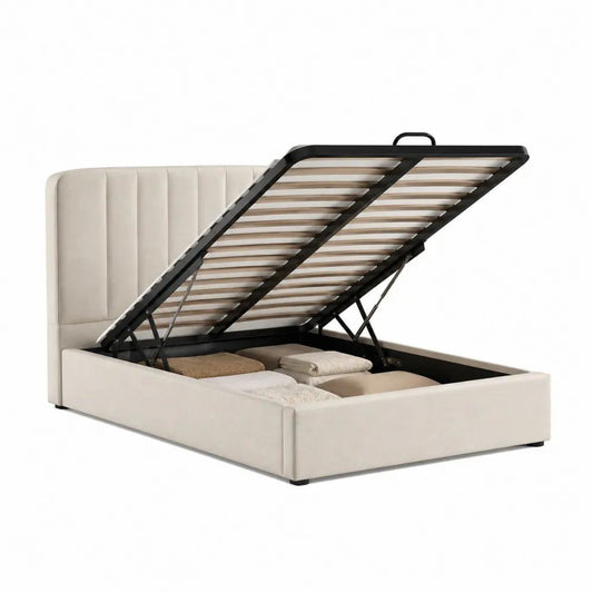 Lit coffre double 160 × 200 cm en polyester beige avec sommier à lattes et cadre en acier noir, 175 × 220 × 112 cm