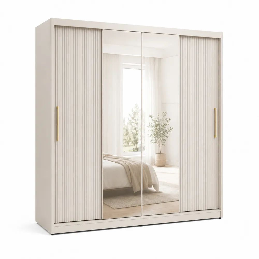 Armoire 4 portes coulissantes avec 2 miroirs, en panneaux mélaminés et MDF rainuré, beige clair, 200 × 60 × 210 cm