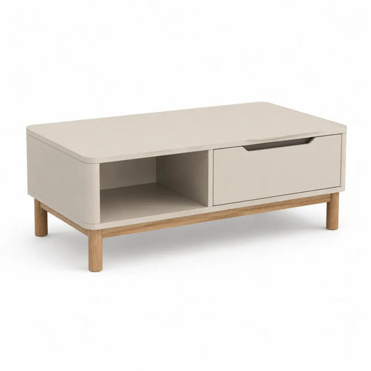 Table basse rectangulaire avec tiroir et niche en MDF beige et bois d’hévéa, 100 × 50 × 45 cm