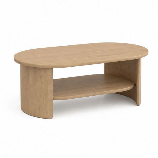 Table basse ovale avec étagère en MDF plaqué chêne clair, 110 × 60 × 45 cm