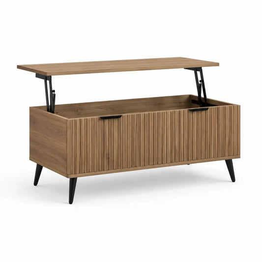 Table basse relevable rectangulaire avec rangement en bois et métal, chêne naturel et noir, 100 × 50 × 48 cm