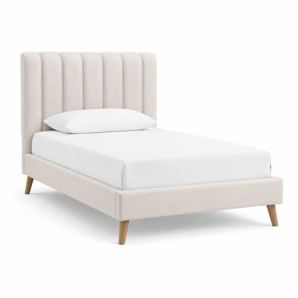 Lit simple rembourré beige 90 × 190 cm avec tête de lit à panneaux verticaux et pieds en bois