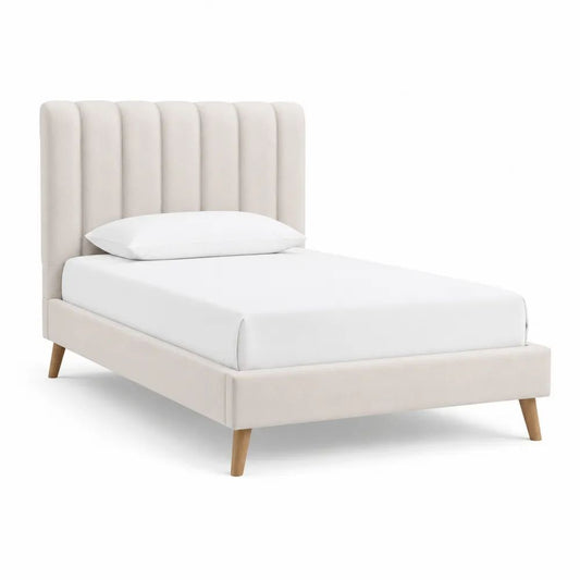 Lit simple rembourré beige 90 × 190 cm avec tête de lit à panneaux verticaux et pieds en bois