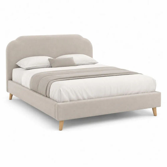 Lit double rembourré en tissu beige 160 × 200 cm avec tête de lit, sommier à lattes et pieds en bois