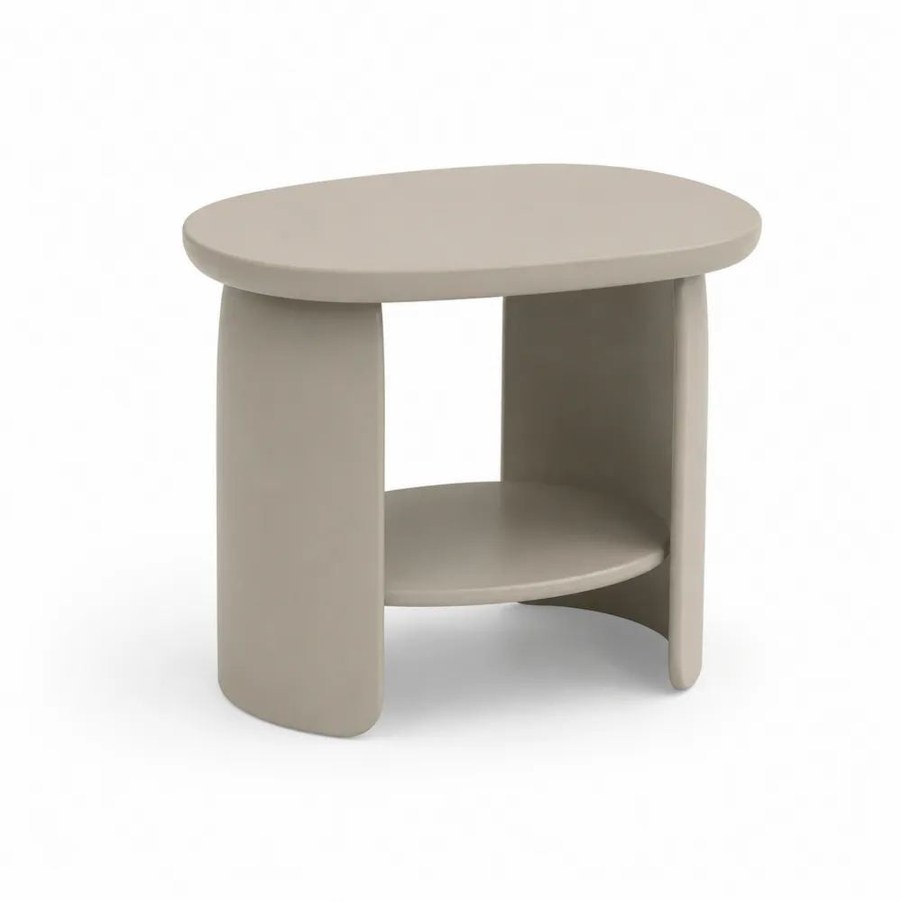 Table d’appoint en bois avec étagère, forme organique beige, 55 × 45 × 50 cm