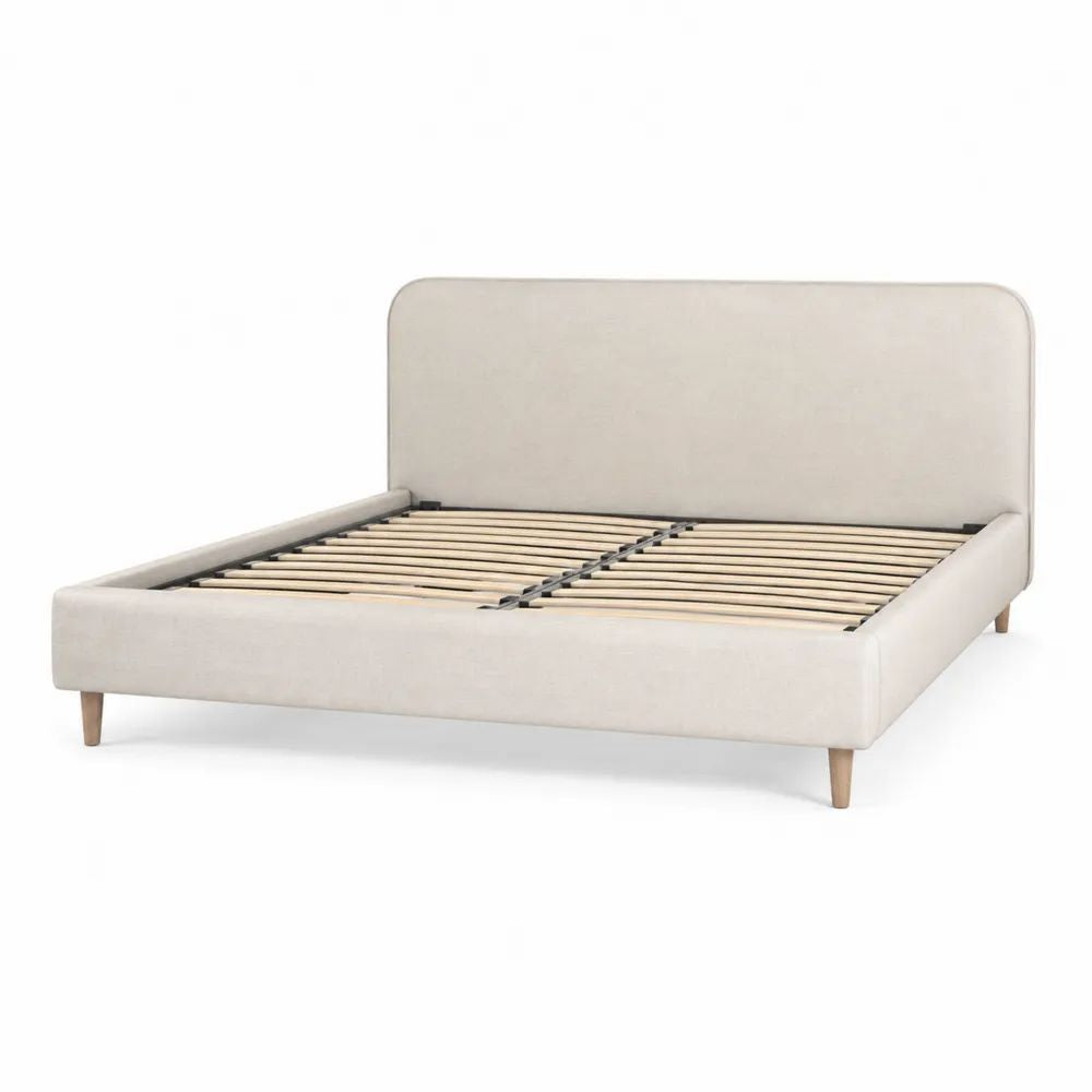 Lit double rembourré en tissu beige avec sommier à lattes, couchage 160 × 200 cm, dimensions 170 × 215 × 105 cm