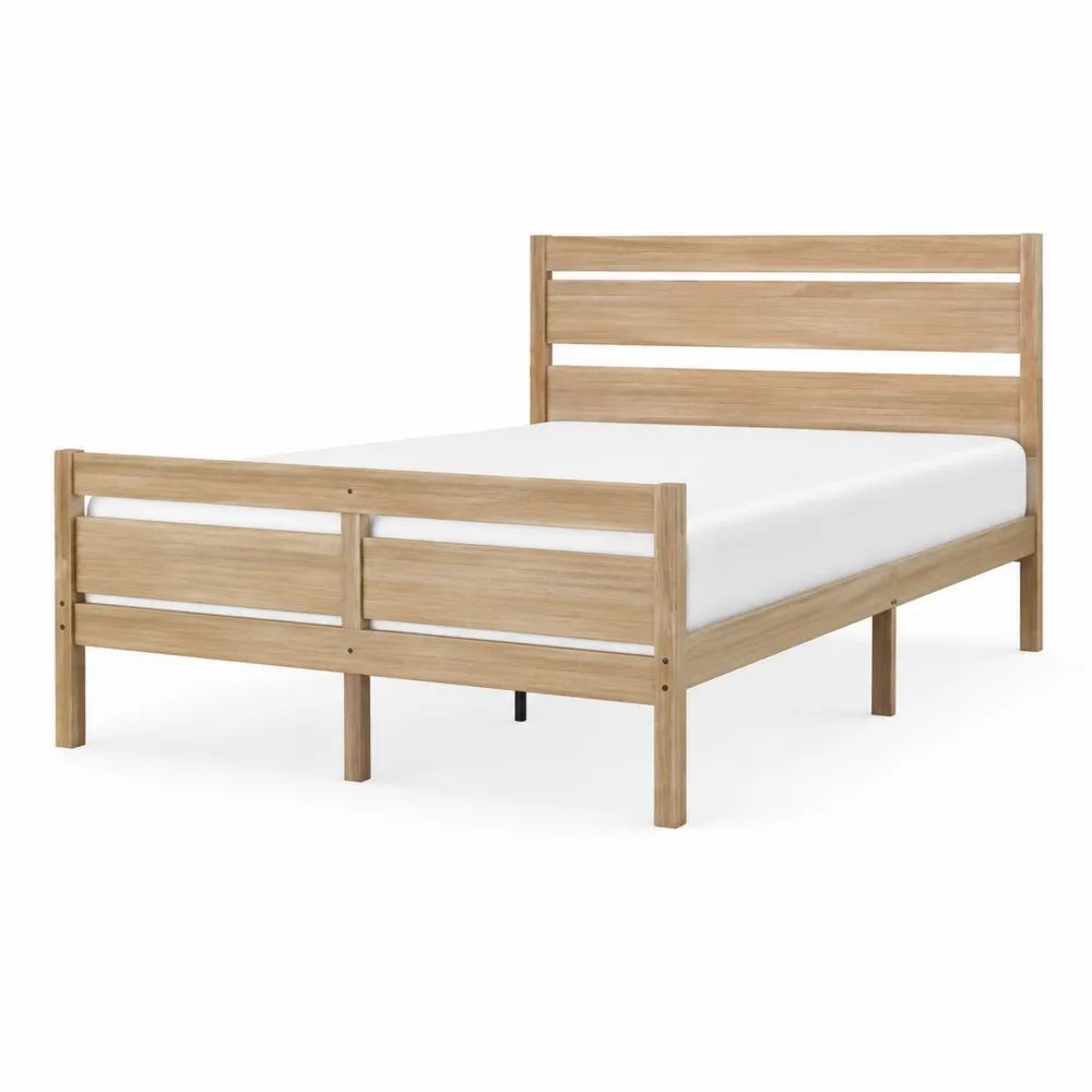 Lit double 140 x 190 cm en pin massif naturel avec tête de lit, pied de lit et sommier à lattes